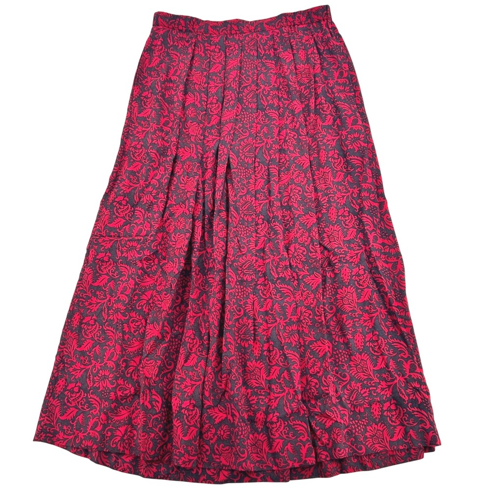 Vintage Orvis Maxi Skirt Womens 14 Red Gray Damask Floral Pleated Dark Academia